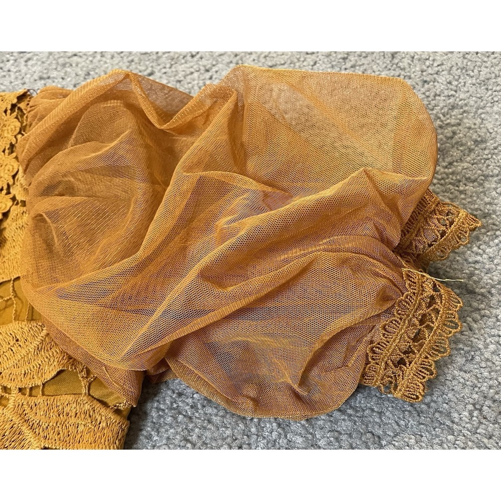 Haute Monde Floral Embroidery Peplum Blouse S Gold Lace Sheer Puff Sleeve Party - Picture 7 of 15